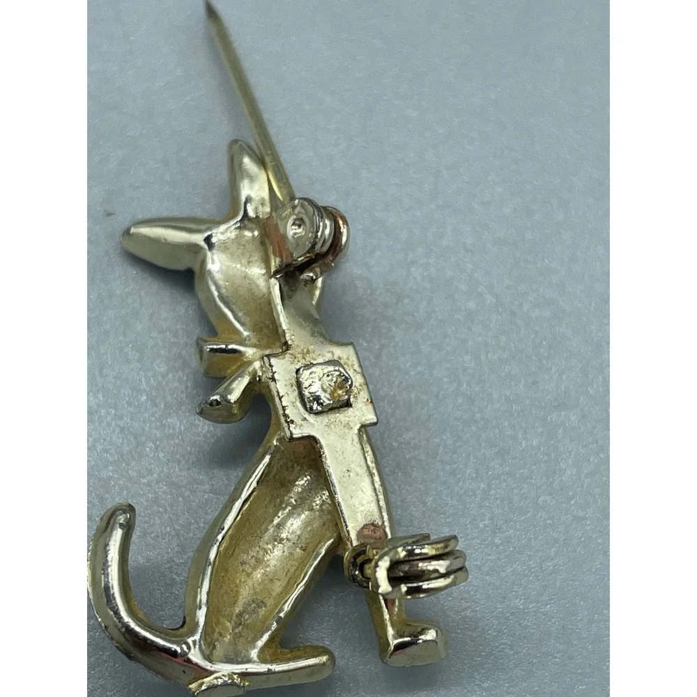 Vintage Gold Tone Cat Brooch Mother of Pearl Face Pink Bow Enamel Detail Pin MCM
